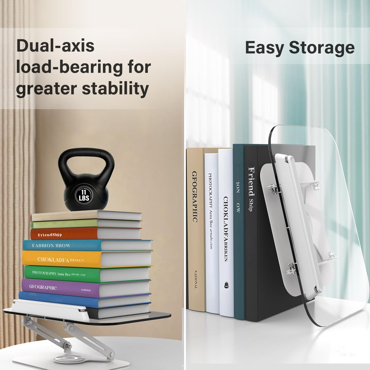 BYMECOST Acrylic Book Stand for Reading, Adjustable Book Holder with 360° Rotating Base & Elastic Page Clips, Foldable Desktop Riser Stand for Cookbook,Laptop,Tablet,Music Scores,Recipe,Textbook