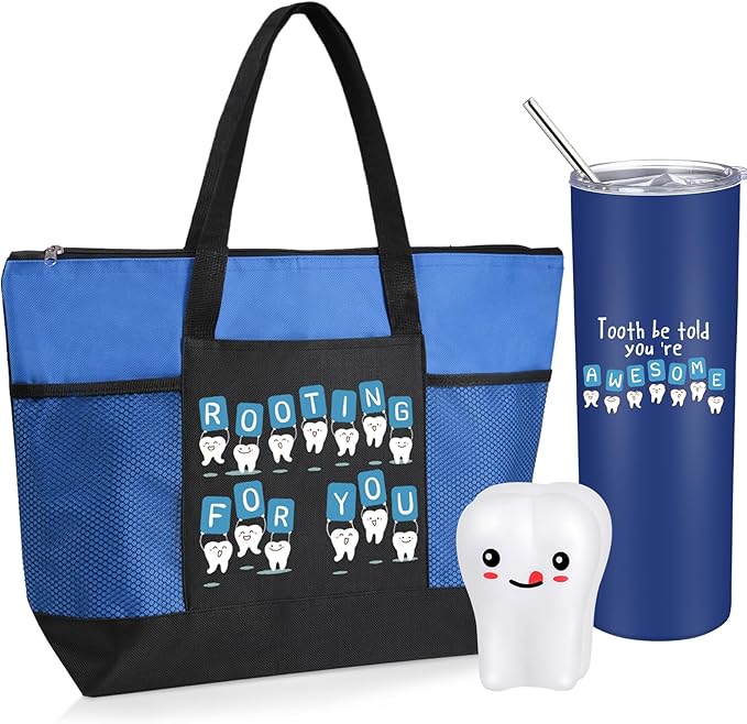 Nuogo 3 Pcs Positive Dental Hygienist Gifts Dentist Assistant Gift for Women Men Inspirational 20oz Tumbler Tote Bag Tooth Stress Toy for Dental Hygiene Month Employee Appreciation(Blue,Teeth)