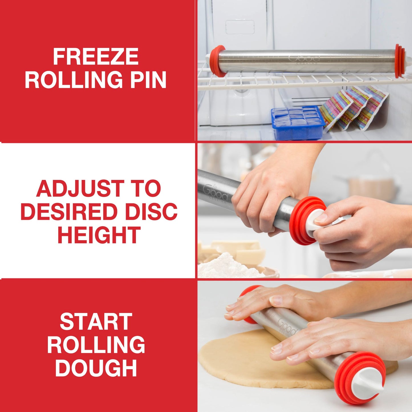 Adjustable XL Pastry Rolling Pin w/ 3 Spacer Rings- Adjust Dough Height for Consistent Thickeness- Heavy Duty NonStick Stainless Steel French Roller 17" Barrel- Bake Easter Cookies, Bread, & Pasta