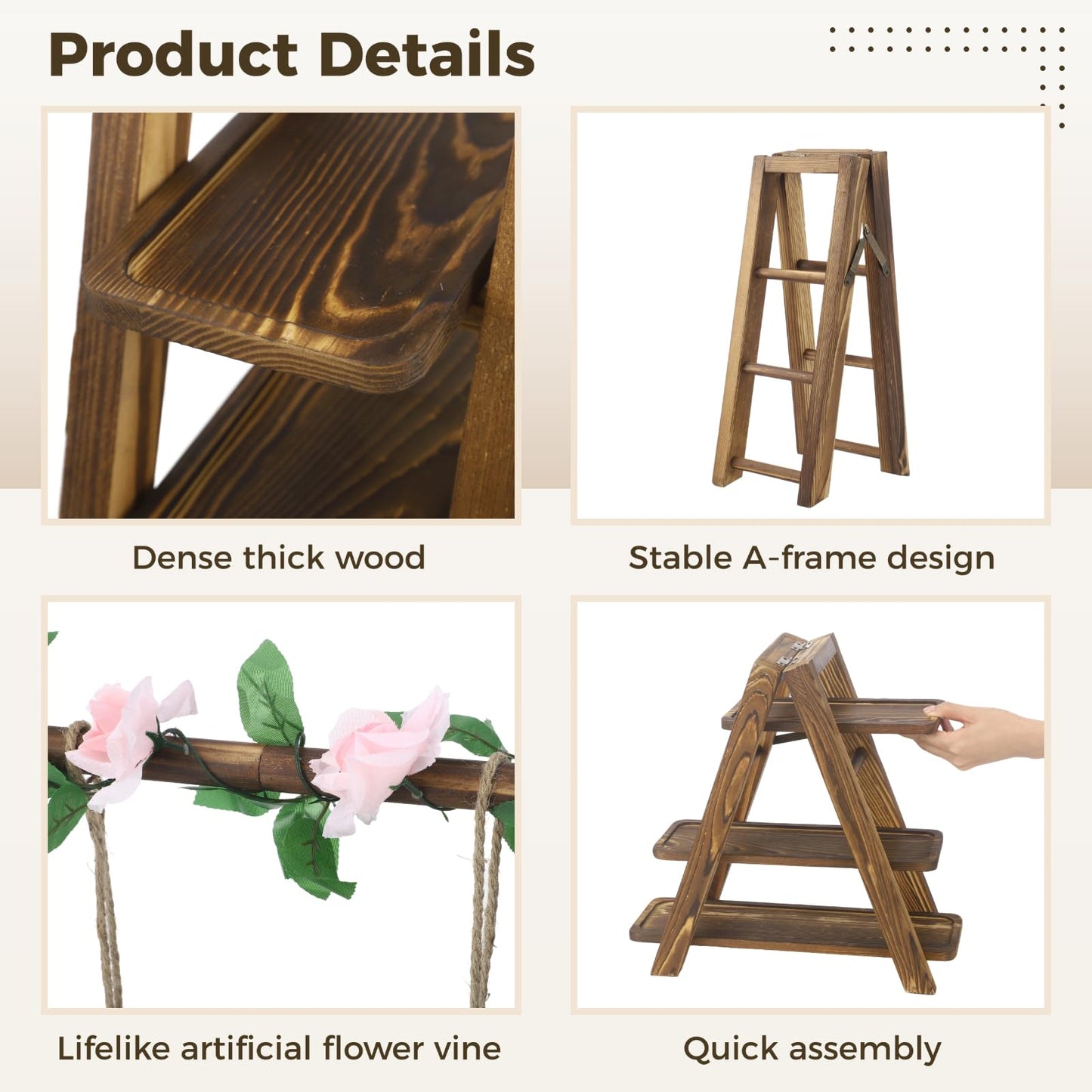 ZALIR Wooden Dessert Table Display Set with Swing and Flower Vine, Multi-Tiered A-Frame Foldable Food Cupcake Display Stand, 32 x 7.9 x 15.7 x 13.8 in for Parties, Weddings, Buffets, Easy Assembly