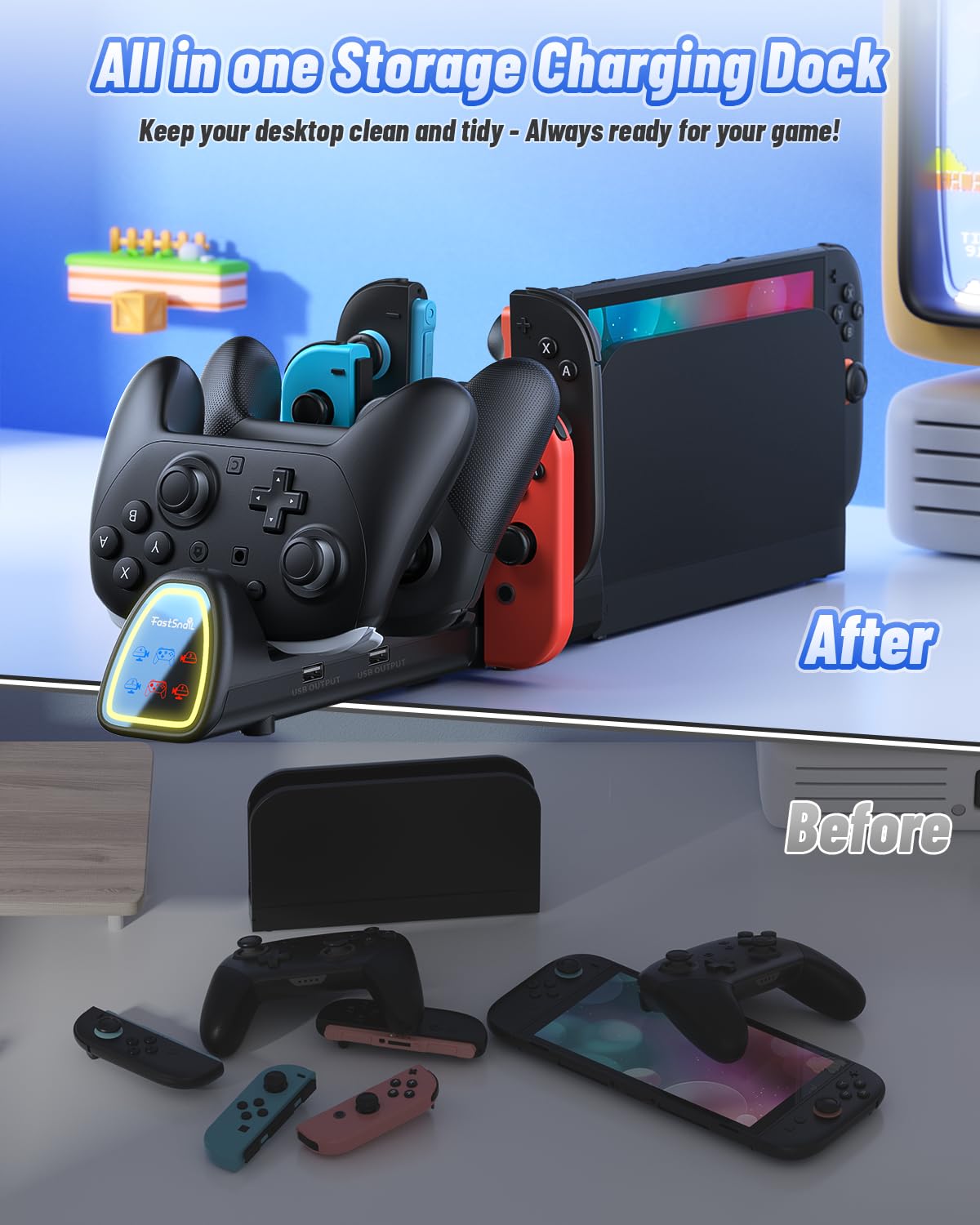 FASTSNAIL [Switch 1/2 Compatible] Controller Charging Dock for Nintendo Switch 2/1 for Joycon 2, 10 in 1 Fast Controller Charger Station Stand for Pro Controller 2/1 with 11 RGB Modes, LED Indicator