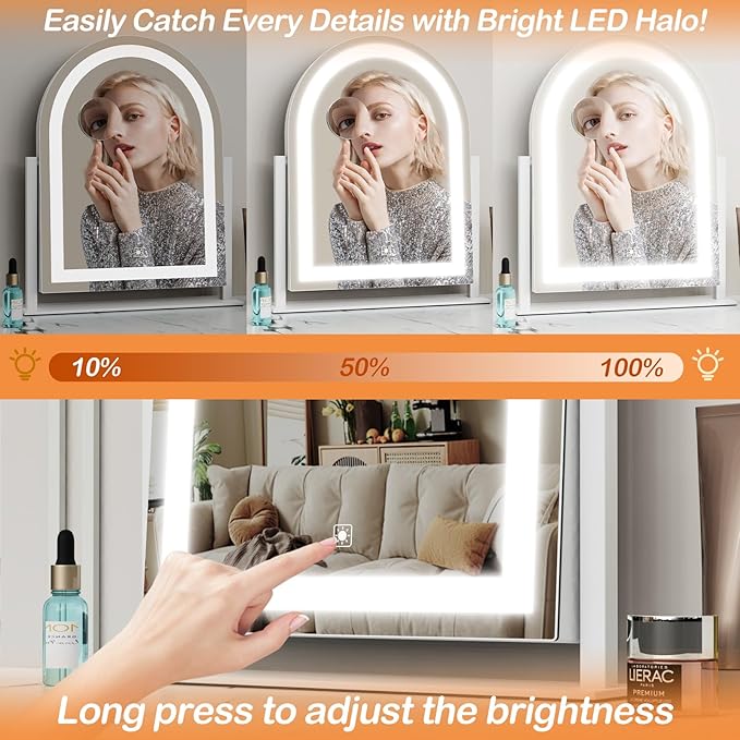 Arched Makeup Vanity Mirror with Lights 17.2" Large LED Lighted Mirror, Hollywood Make Up Mirror with Lighting, Smart Touch, 360° Rotation, (Gold,Gift Box)