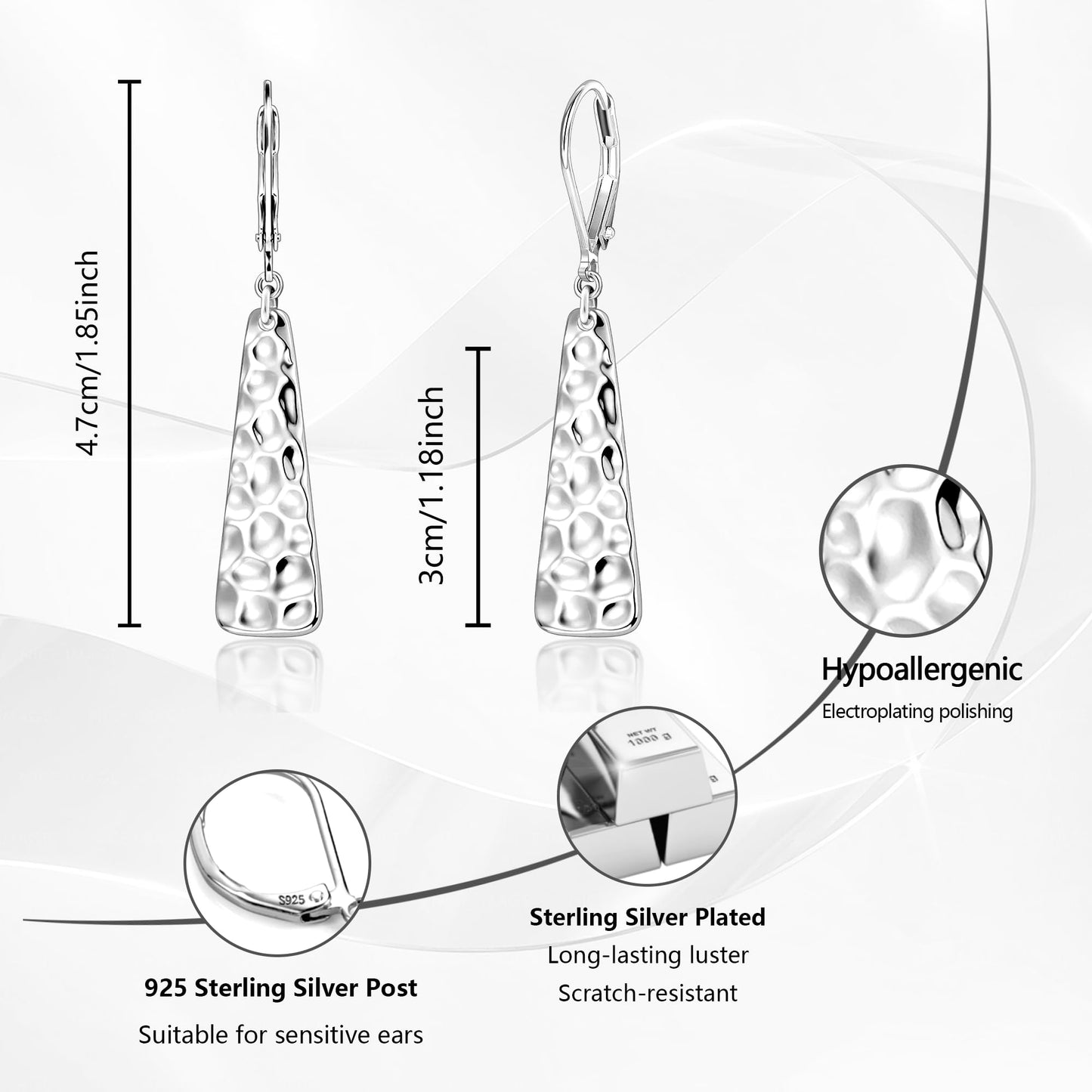 Sterling Silver Leverback Earrings, ALEXCRAFT Long Bar Hammered Dangle Earrings for Women Trendy Hypoallergenic 925 Sterling Silver Lightweight Statement Boho Dangling Drop Leverback Teardrop Earring