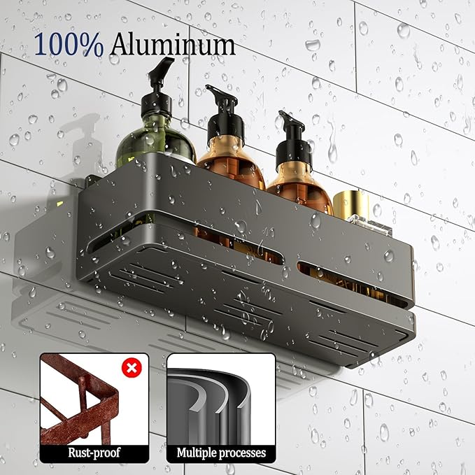 Shower Shelf, 2-Pack, Heavy-Duty Bathroom Storage Shelf, Large Capacity No-Drill Bathroom Organizer, Gray Metal Storage Basket, Adhesive Installation