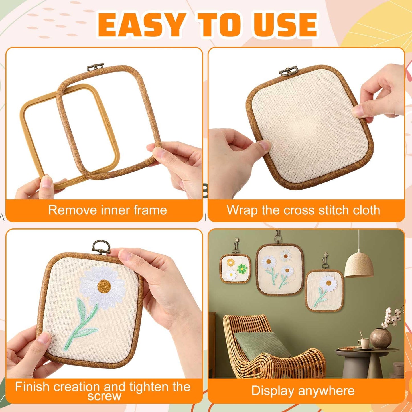 Qunclay 6 Pcs Square Embroidery Hoop Frame 3 Sizes Cross Stitch Display Hoops Ring for Art Craft DIY Sewing and Hanging Ornaments Decor