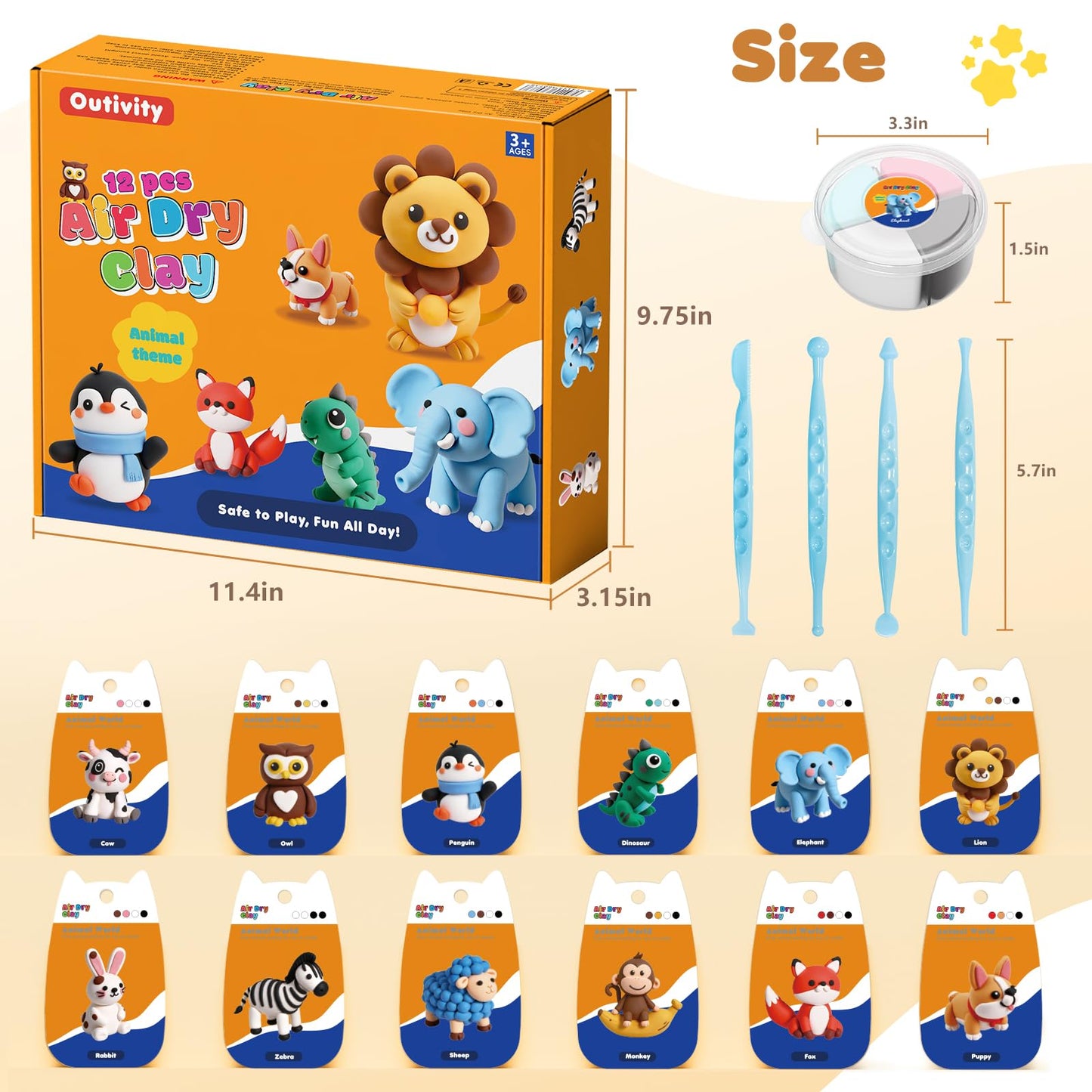 Air Dry Clay Kit for Kids, 12 Animal Crafts Modeling Clay Model Magic, Clay Kits with Sculpting Tools & Tutorials, Safe & Non-Stick DIY Art Crafts, Toys Gift for Ages 3-12 Boys & Girls