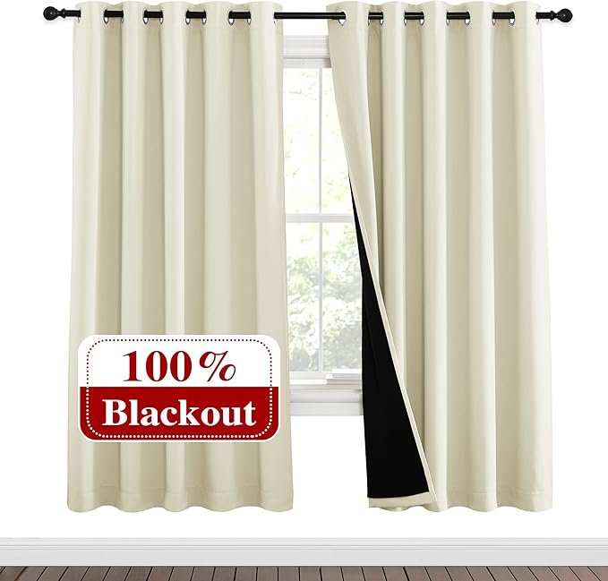 NICETOWN Living Room Completely Shaded Draperies, Privacy Protection & Noise Reducing Ring Top Drapes, Black Lined Insulated Window Treatment Curtain Panels (Beige, 2 Pieces, W62 x L72)