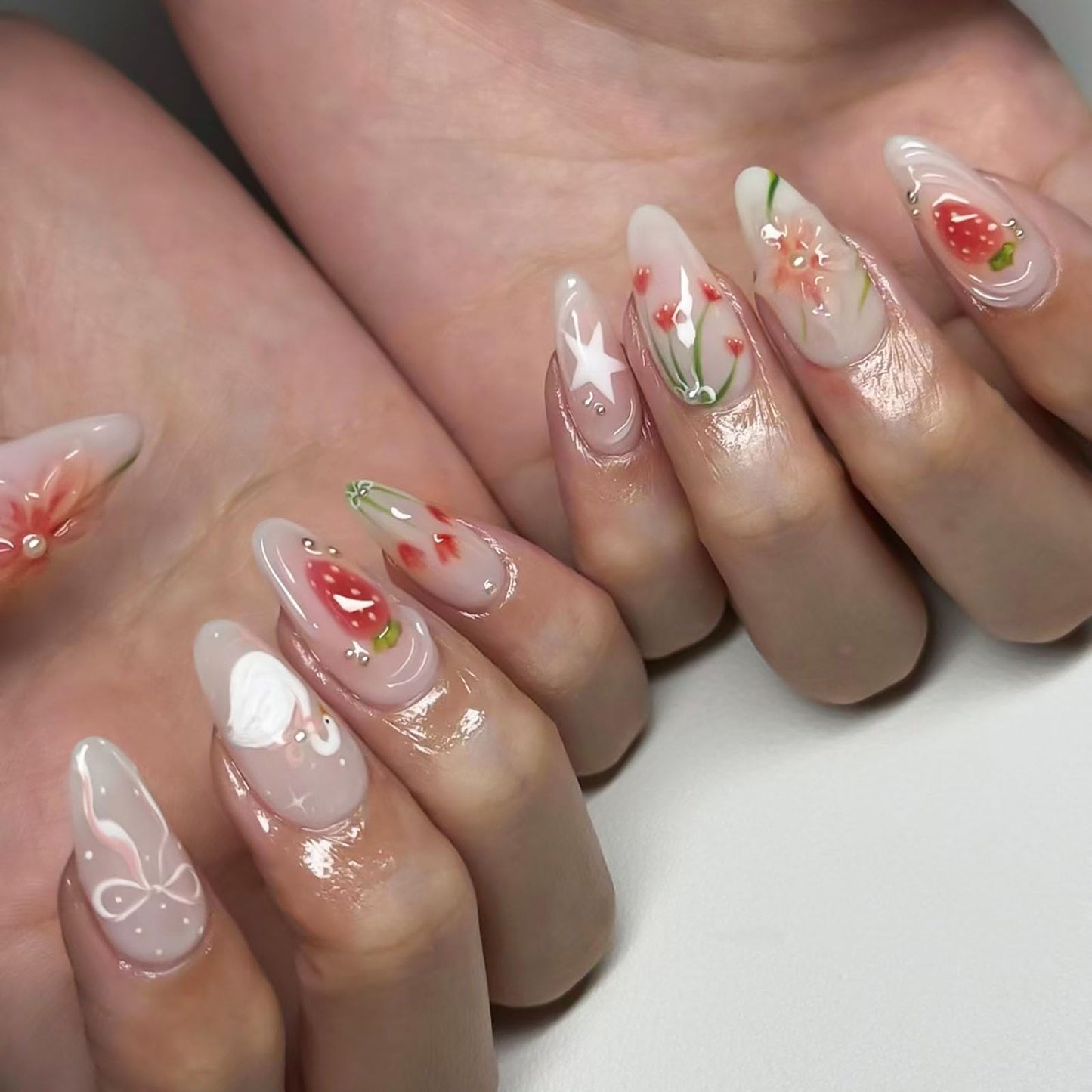 RUOKEXIN Almond Press on Nails Medium Fake Nails White False Nails with 3D Flowers Designs Spring Summer Nail Press ons Glossy Artificial Nails for Women 24Pcs