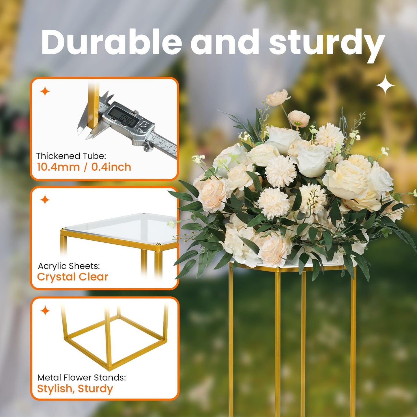 YALLOVE 10 Pcs 15.75" Gold Wedding Flower Stand Metal Vase Column Stand Geometric Centerpiece Vase for Home Party Wedding Decorations, Rectangular Flower Display Rack