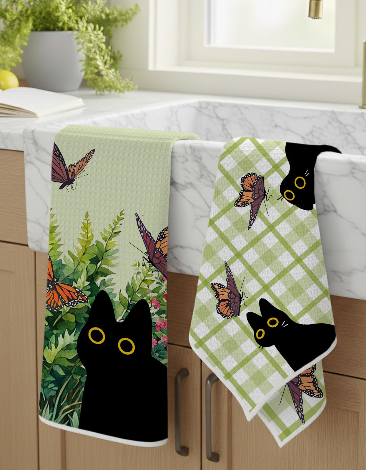 Ilexon Kitchen Towels Set of 2 - Cute Design 18×26 Inch Dish Towels Black Cats Quick Dry Hand Towels Soft & Absorbent, Home Decorative, Terry Cloth Tea Towels (Black Cat)