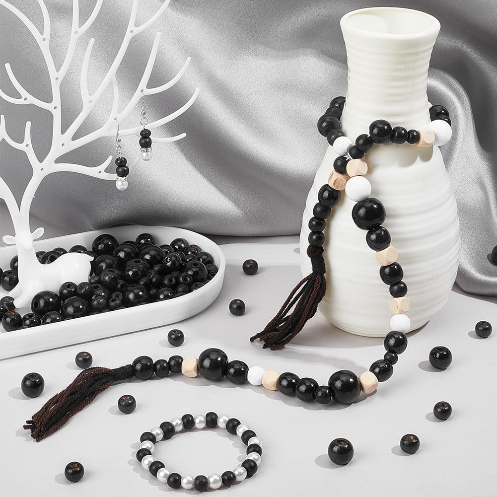 PH Pandahall 1005Pcs 5 Sizes Black Wooden Beads Tiny Painted Wood Beads 6/8/10/14/20mm Macrame Bead Round Spacer Bead for Bracelets Crafts Macrame Christmas Tree Party Decor