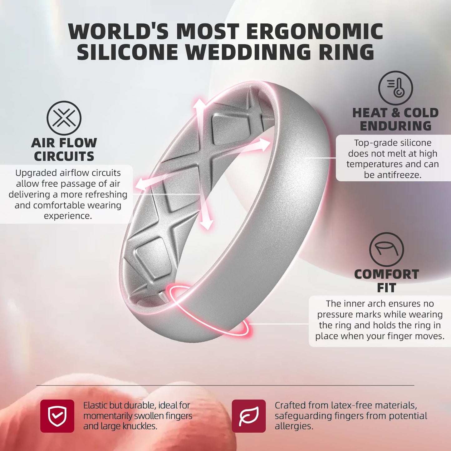 Egnaro Women's Engagement Rings, Silicone Inner Arc Ergonomic Breathable Design with half sizes, Rubber Wedding Band Rings，5.5mm Wide-2mm Thick