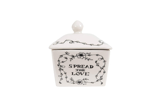 Creative Co-Op Country Stoneware Butter Dish with Lid, "Spread the Love" Message, and Farm Line Drawing, White and Black, Food, Microwave, and Dishwasher Safe