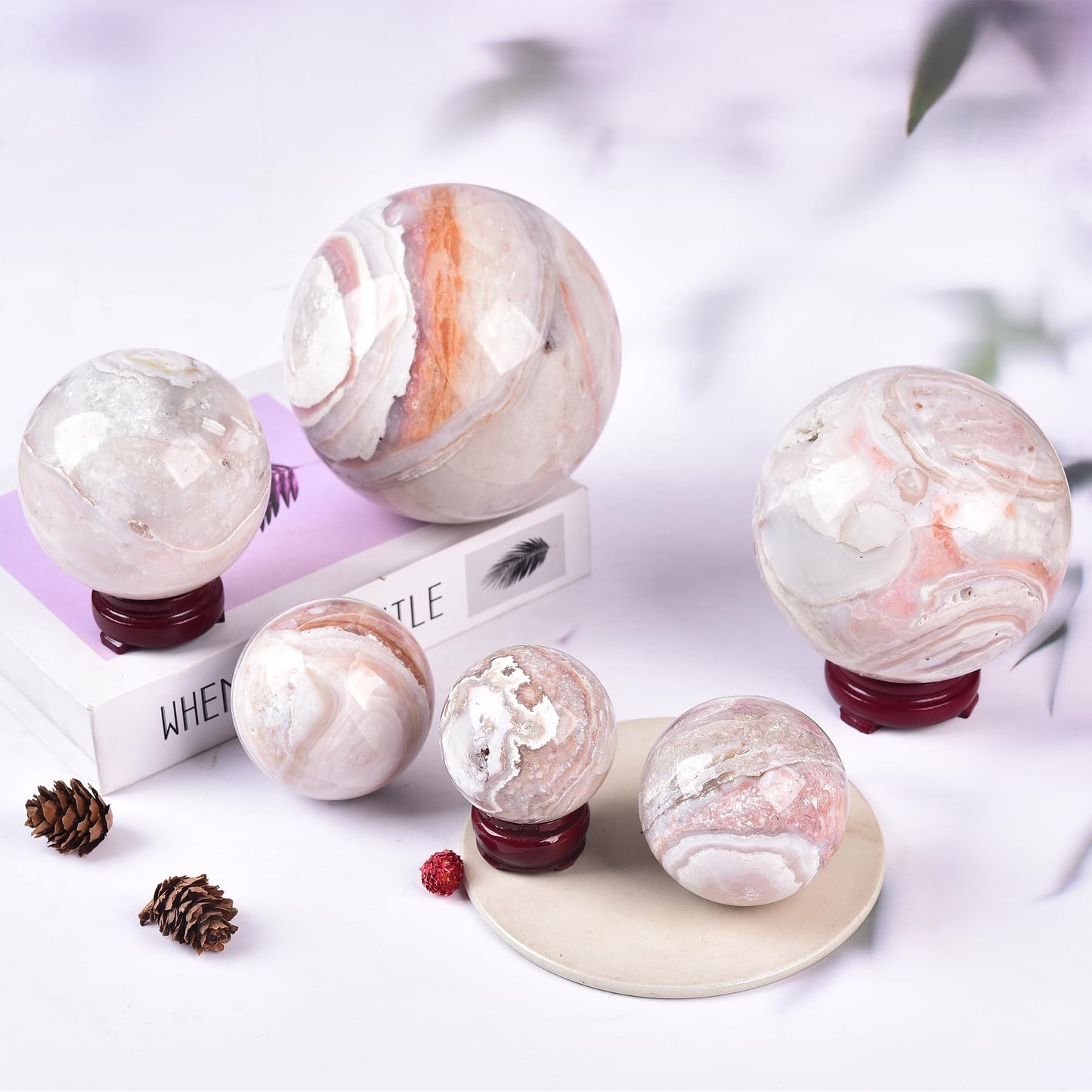JIC Gem Natural Pink Agate Crystal Sphere Pink Crystal Decorative Ball with Wooden Stand Meditation Balls for Witchcraft Reiki Healing Gift 50-60mm