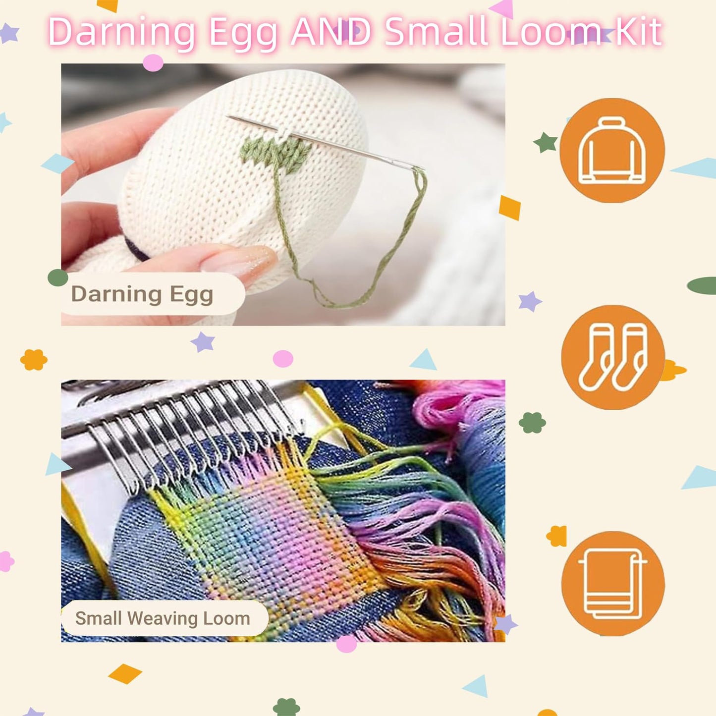 Darning Egg, Mini Darning Loom, Darning Egg Weaving Tool Set with Small Weaving Loom Kit with 14 Pcs Large Eye Needles 50 Colors Darning Thread for DIY Handicraft Home Sewing Care