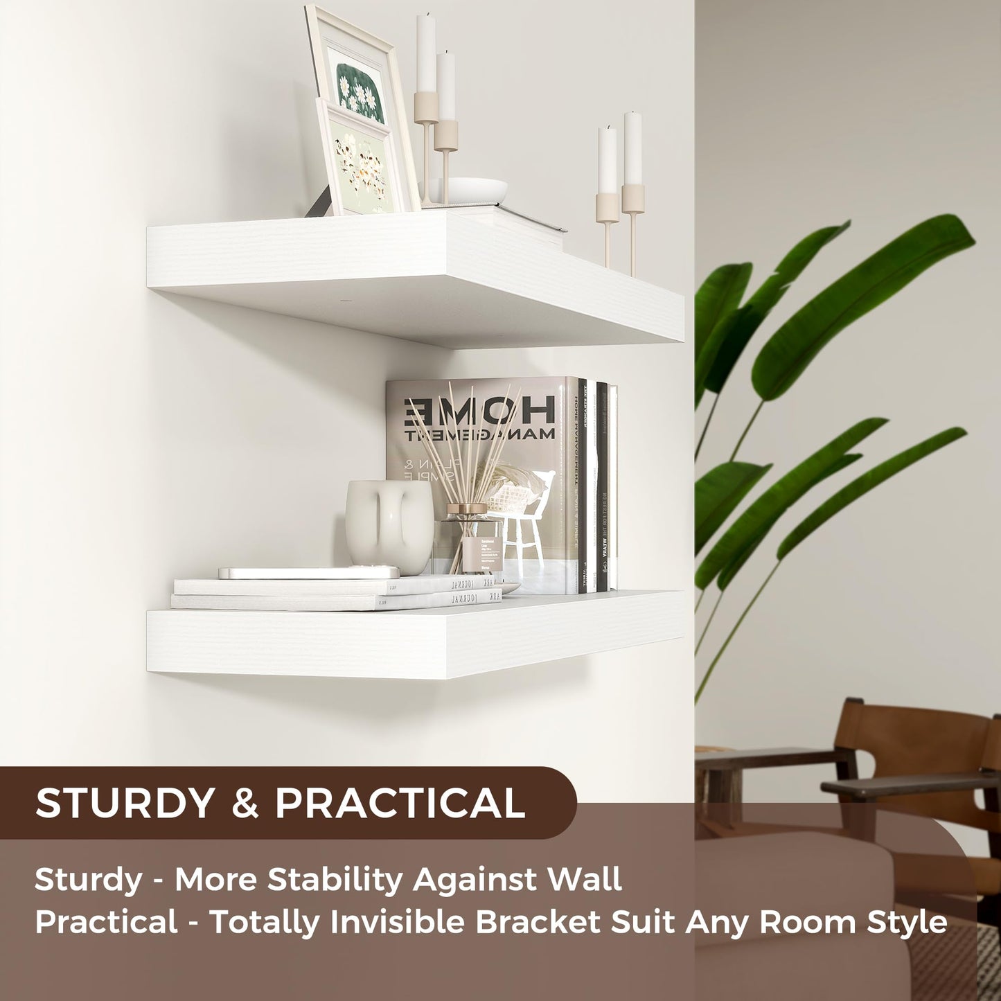 Venusmiles Floating Shelves for Wall, Engineered Wood Wall Shelves with Invisible Brackets for Living Room Bedroom Bathroom Office Kitchen Decor and Storage (White, 24" W x 9" D x 1.5" H) Set of 2