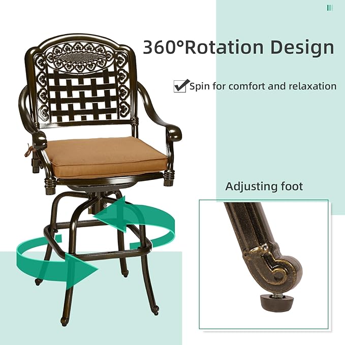 VIVIJASON 3-Piece Patio Swivel Bar Stools Set, All Weather Outdoor Cast Aluminum Bar Height Bistro Set with 2 Cushioned Bar Chairs & 35.4" High Bar Table w/Umbrella Hole for Backyard, Lawn, Garden