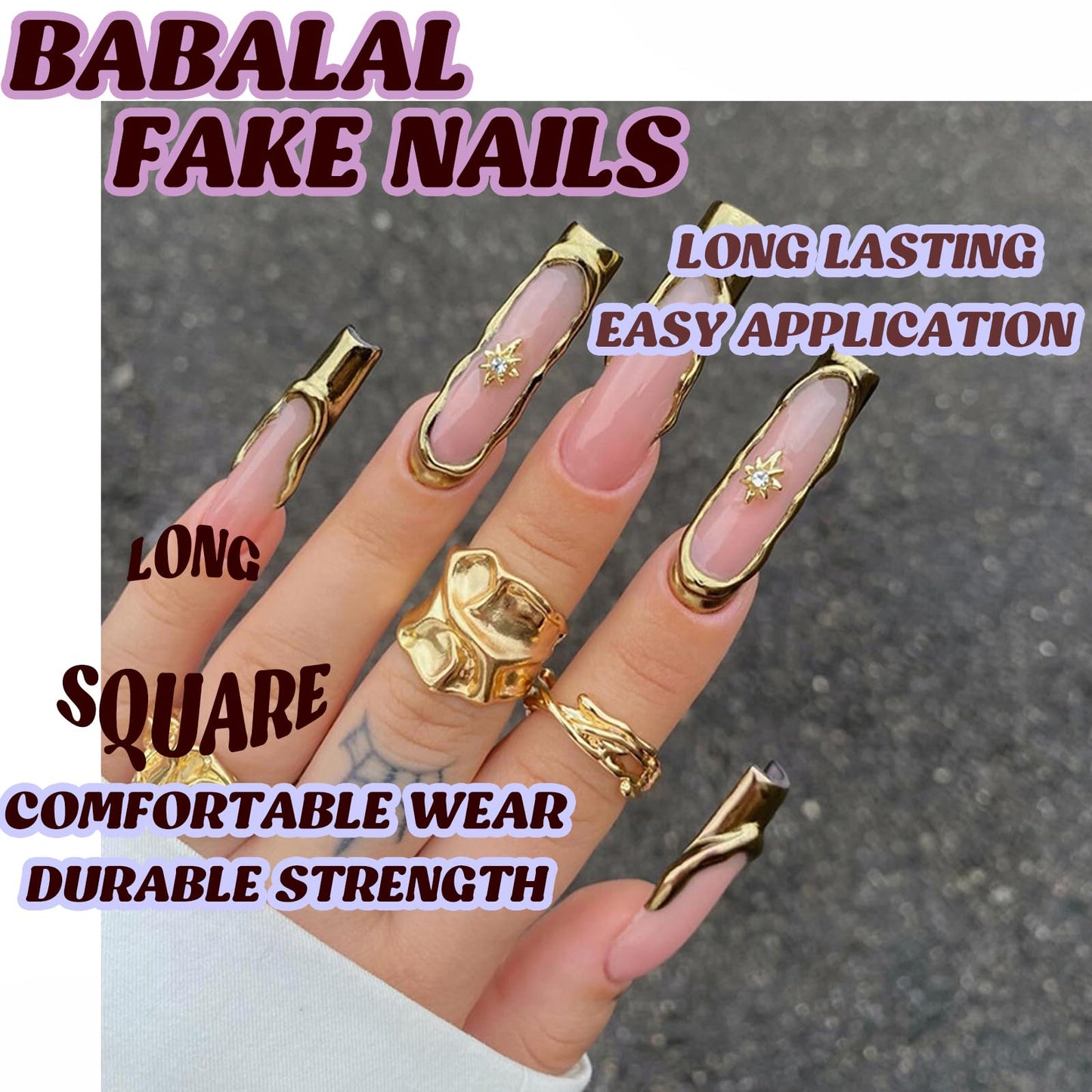 BABALAL Nails Press on Long Square Fake Nails Gold Glue on 3D Texture Chrome Acrylic False Nails Y2k Star Stick on 24Pcs Manicure Handmade Artificial