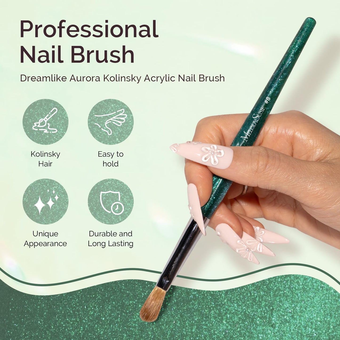 MelodySusie Kolinsky Acrylic Nail Brush,66% Kolinsky Hair Professional Nail Art Brush for Acrylic Application,Aurora Collection Fine Glitter Brush,Size 8
