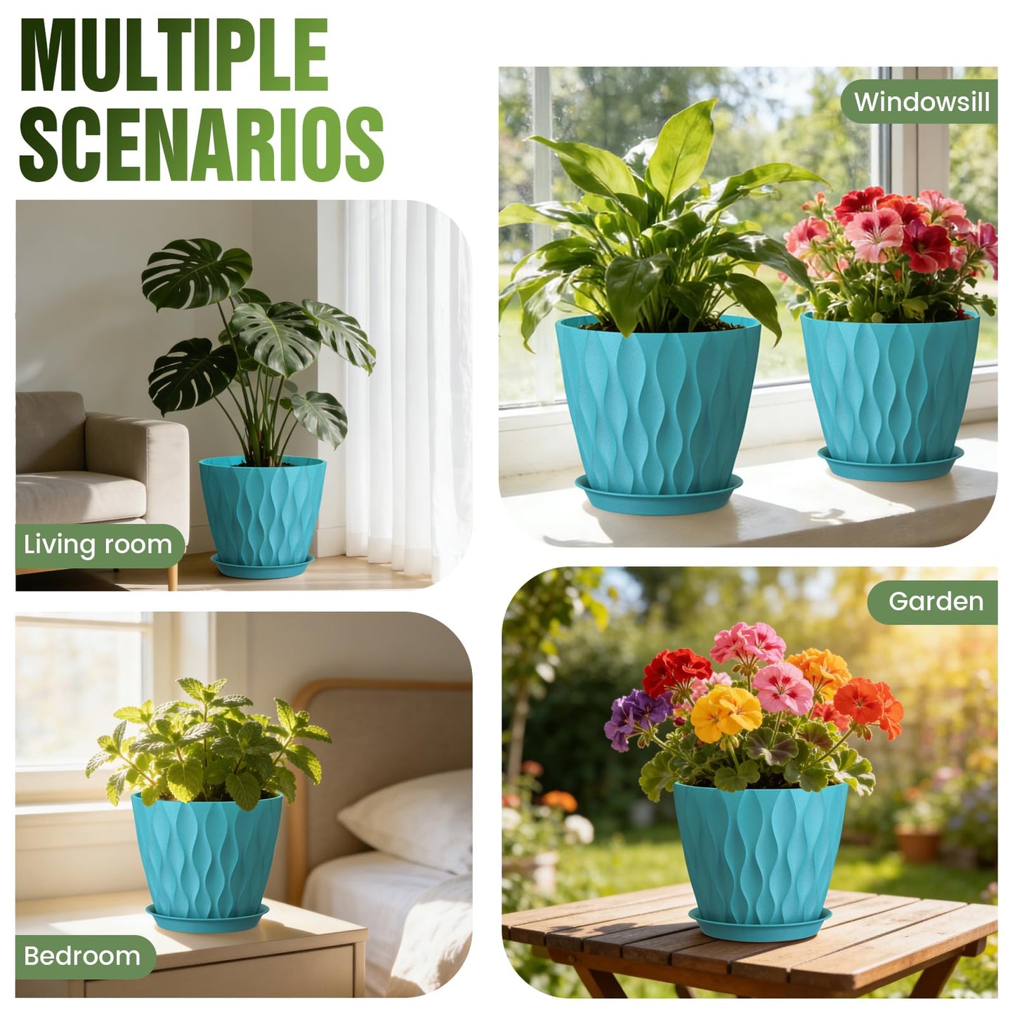 Areutxbis 8 Inch Wave Plant Pots with Drainage Holes & Saucers, 4 Pack Modern Textured Medium Planters for Indoor Outdoor Plants, Decorative Flower Pots Repotting Set for Flowers, Herbs (Blue)
