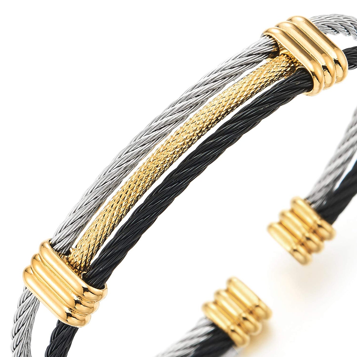 COOLSTEELANDBEYOND Men Women Stainless Steel Twisted Cable Adjustable Cuff Bangle Bracelet Silver Gold Black