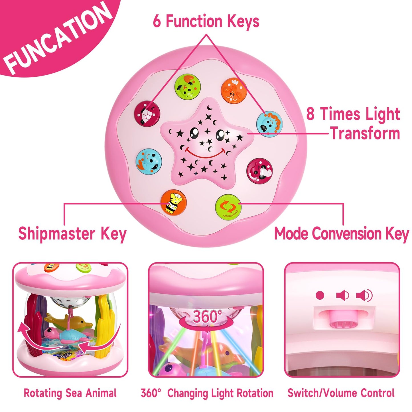 Letapapa Baby Toys 6 to 12 Months, 4 in 1 Ocaen Rotating Projector, Tummy Time Light Up Musical Toys for 6 7 8 9 12-18 Months, Educational Birthday Gifts for Baby Infants 1 2 Year Old Girls(Pink)