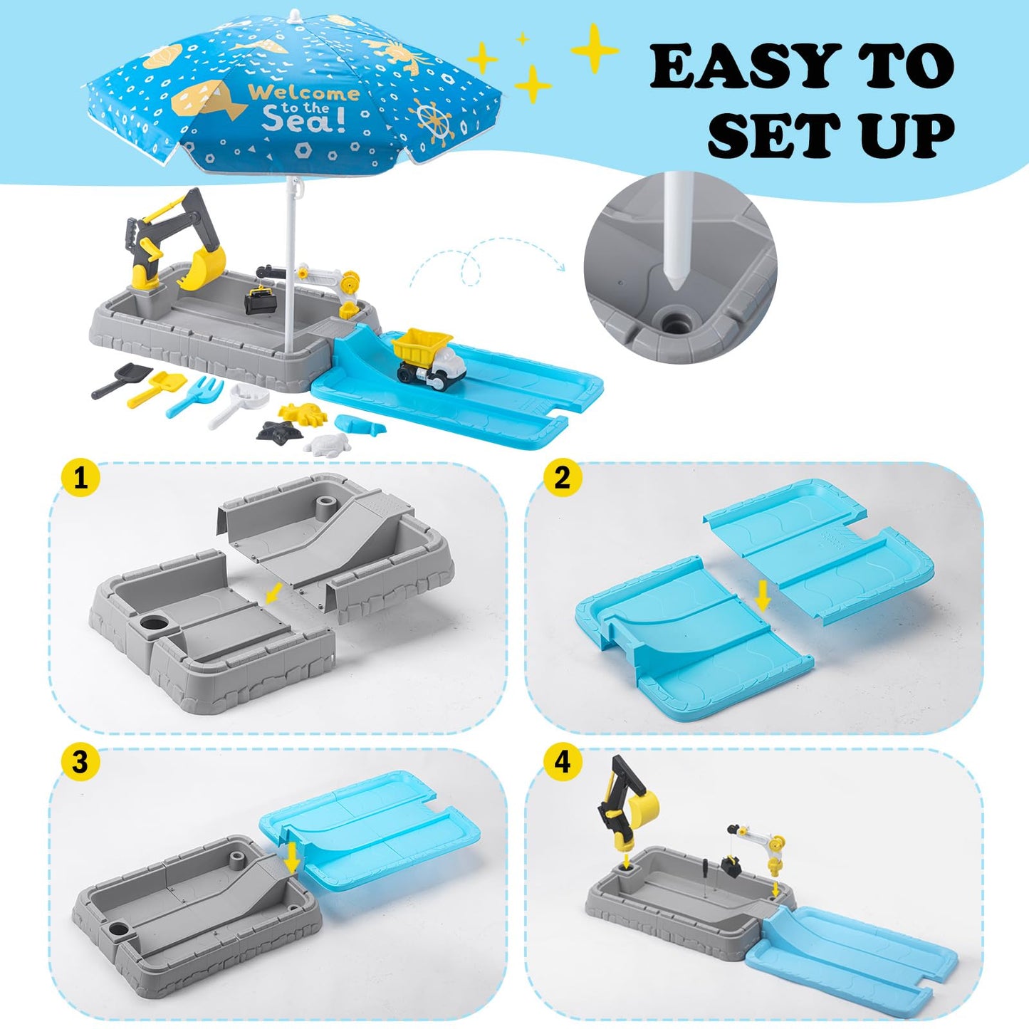 VROGTIK Kids Excavator Sandbox with Umbrella & Cover, Construction Sandbox Set with Beach Toys & Dump Truck, Outdoor Educational Play Set for Toddlers Ages 3-12