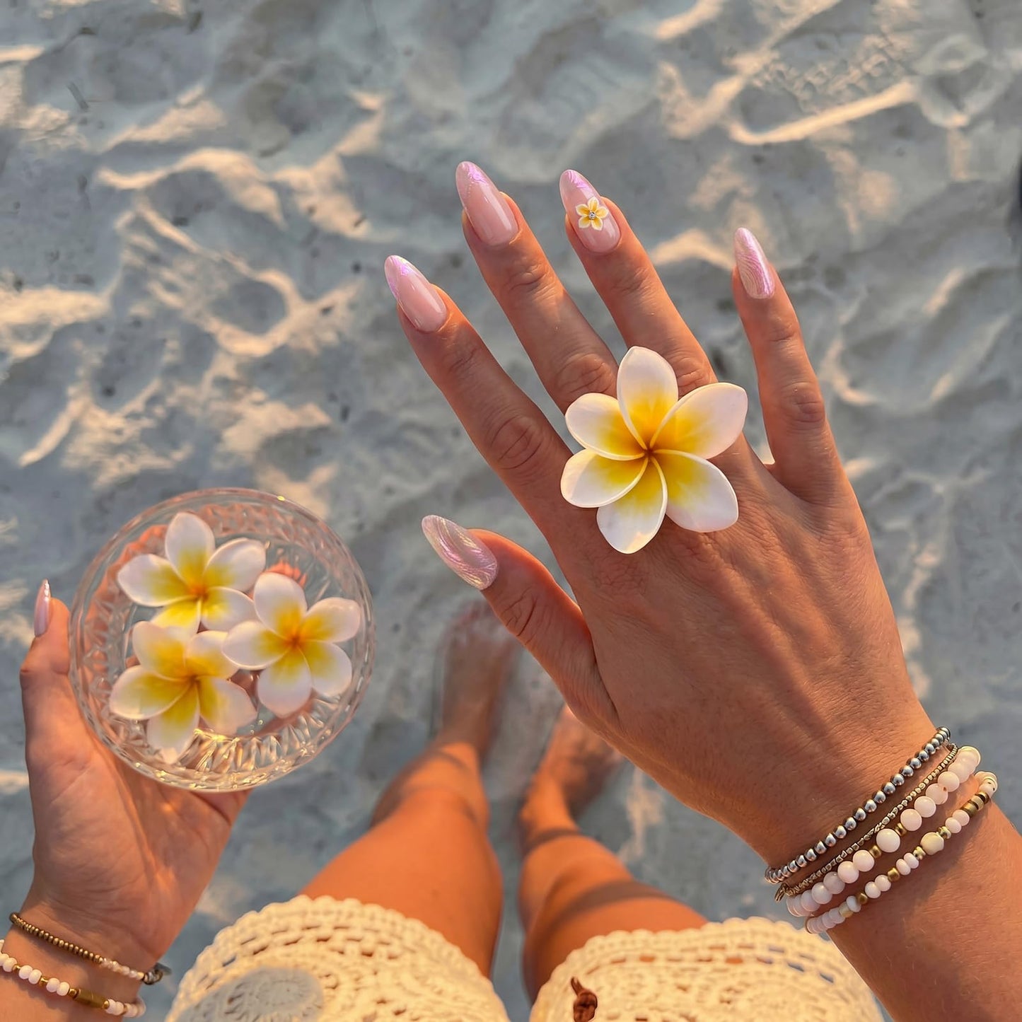 BTArtbox French Tip Press On Nails - Aloha Lei, Easy-to-Apply 3D Flower Medium Almond Press On Nails with Glue and Adhesive Tabs in 15 Sizes - 30 Nails All-in-One Kit
