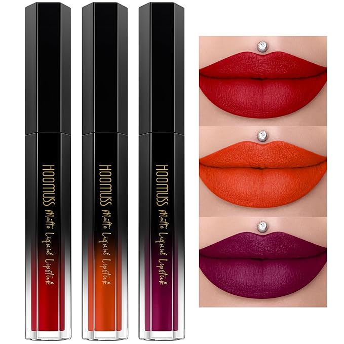 Red Lipstick Set Long Lasting 3Pc Matte Liquid Lipsticks for Women Non Transfer Smudgeproof Red Orange Berry Lipstick Kit Cruelty Free Lip Color, 13/51/66