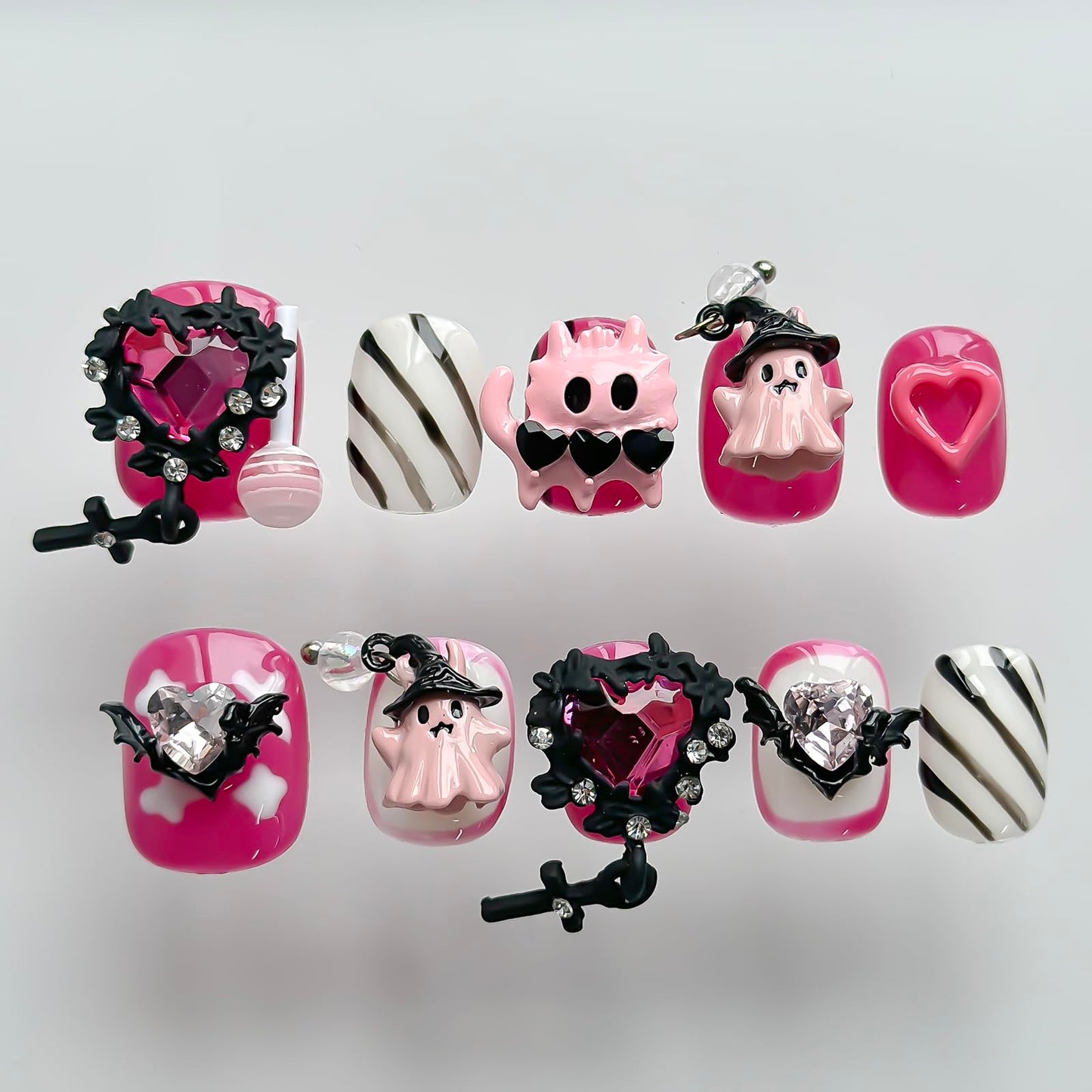 Halloween Press on Nails Short Square Cute Handmade Nails 3D Unique Reusable ABS Material Fake Nails Pink False Nails with Designs Cute Ghost Heart Charms Glossy Glue on Nail Thick Acrylic Nail(M)
