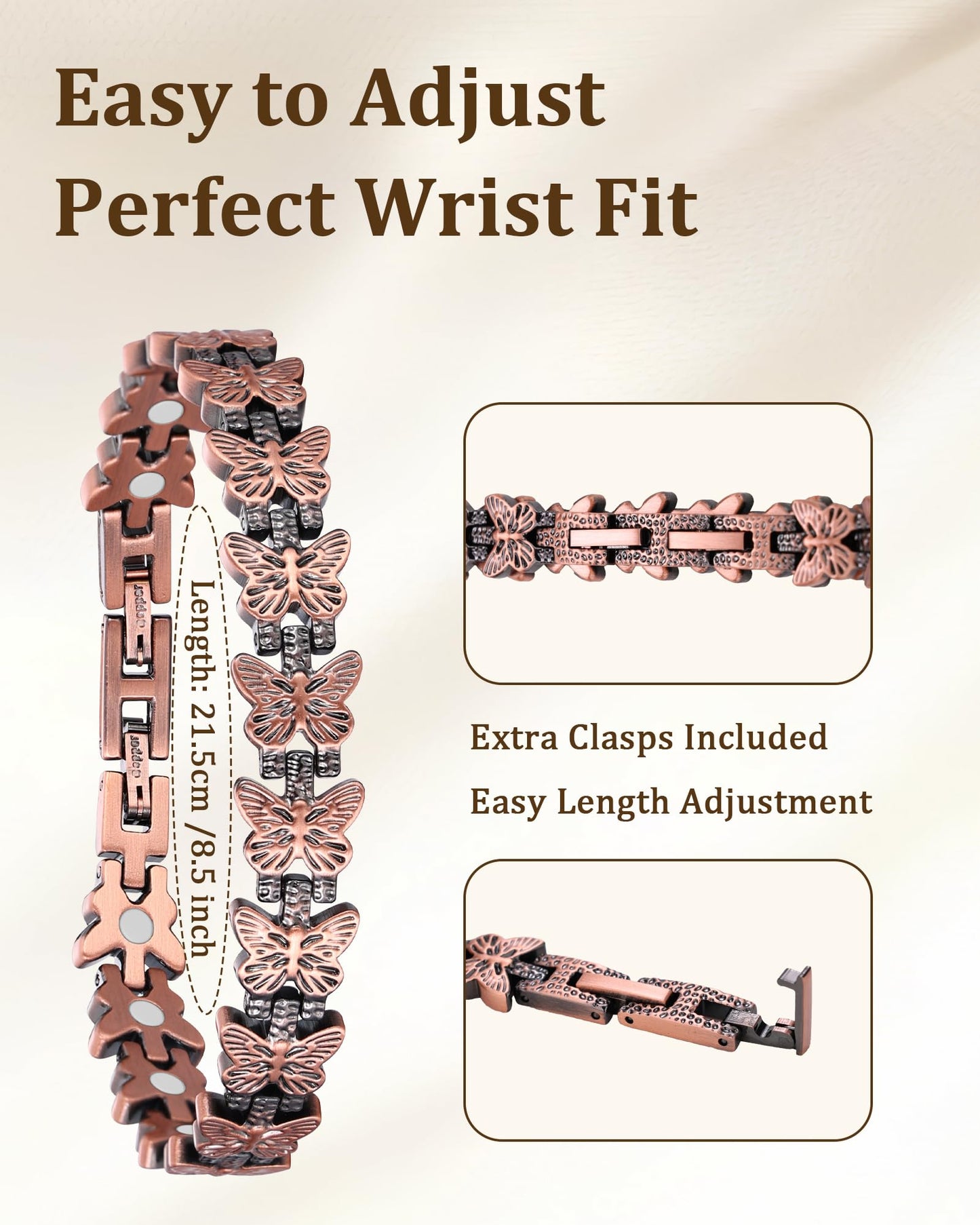 Fashtour Copper Bracelet and Ring Set for Women, 99.99% Pure Copper Magnetic Bracelet with Butterfly Design & Matching Adjustable Butterfly Ring – 3800 Gauss Magnets, Includes Sizing Tool & Gift Box