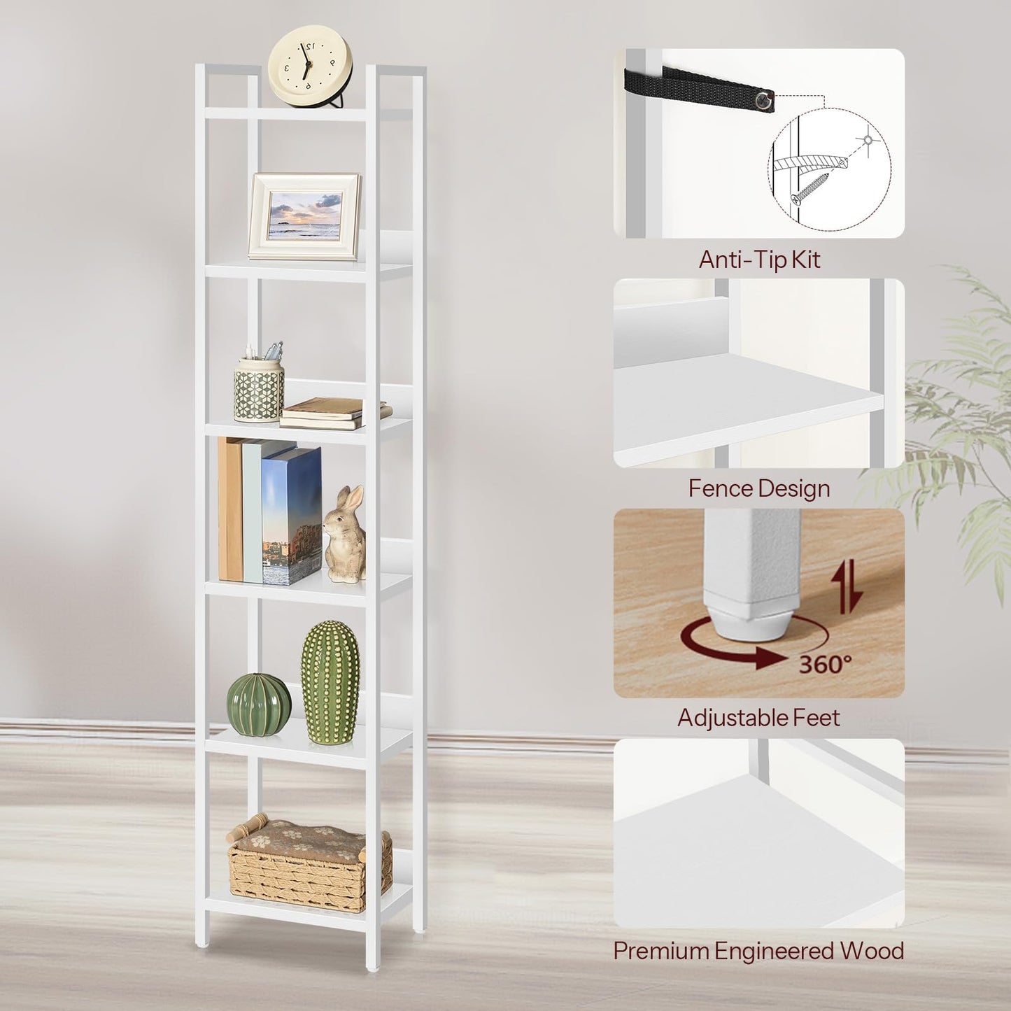 MAHANCRIS 6-Tier Bookcase and Mobile Printer Stand Bundle, Standing Book Shelf for Small Space, Rolling Printer Table on Wheels for Home Office, BKBW6601-PTWT78E01