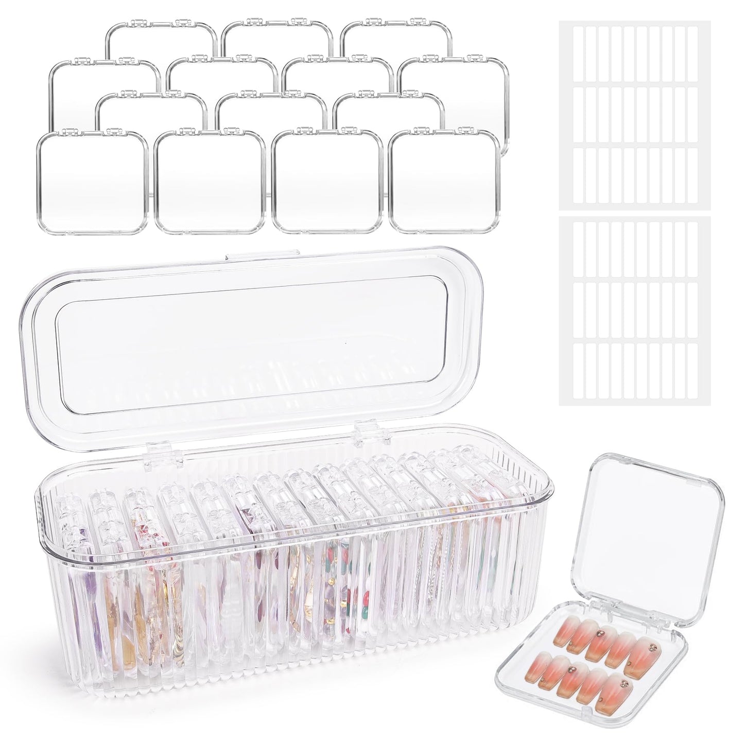Press On Nail Organizer 14 PCS Clear Press On Nail Storage Boxes and 1 Big Storage box with 60 Pcs Adhesive Double Sided Tape,Press On Nail Packaging for Fake Nail Storage Nail Display Nail Salon.