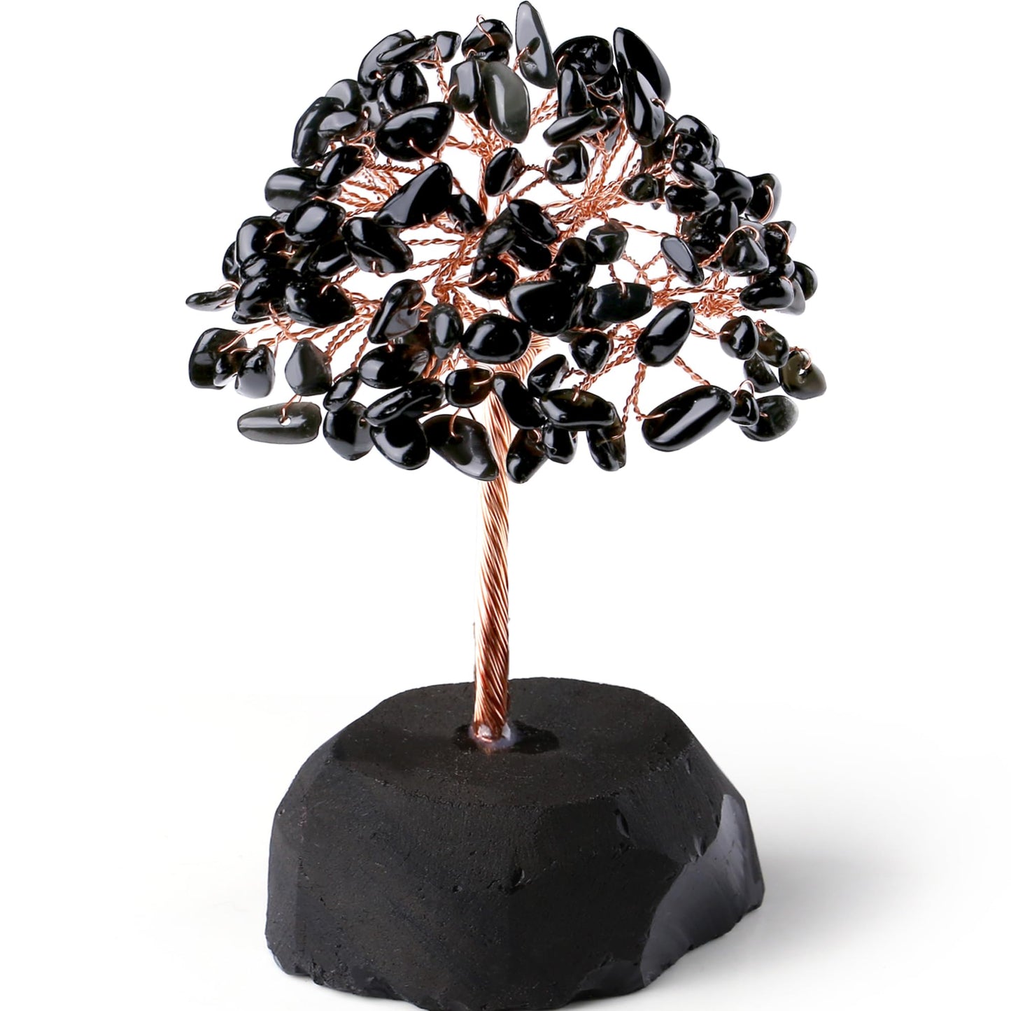 QINJIEJIE Black Obsidian Crystal Tree Healing Crystals Natural Stone Base Gemstone Tree Copper Wire Chakra Tree Life Tree Luck Tree Energy Desk Decor Spiritual Gift Meditation