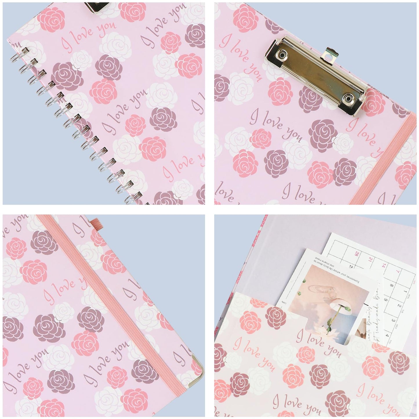 Clipboard Folio Spiral Folder Board,5 Extra Folders with 10 Storage Pockets,Refillable Lined Fillable Notepad,Folded Clipboard with Storage,Suitable for Office,School and Student (Pink Love Flower)