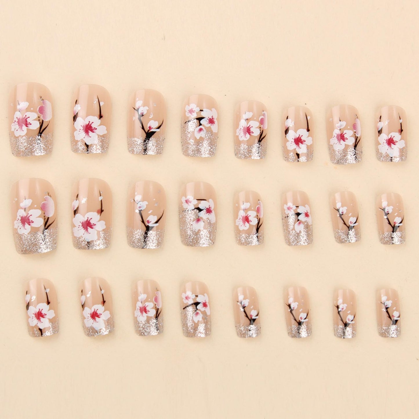 French Tip Press on Nails Square Medium Fake Nails with White Flower Black Lines Silver Glitter Designs Glossy Glue on Nails Nude Nails Press ons Acrylic Artificial Stick on Nails for Women 24Pcs