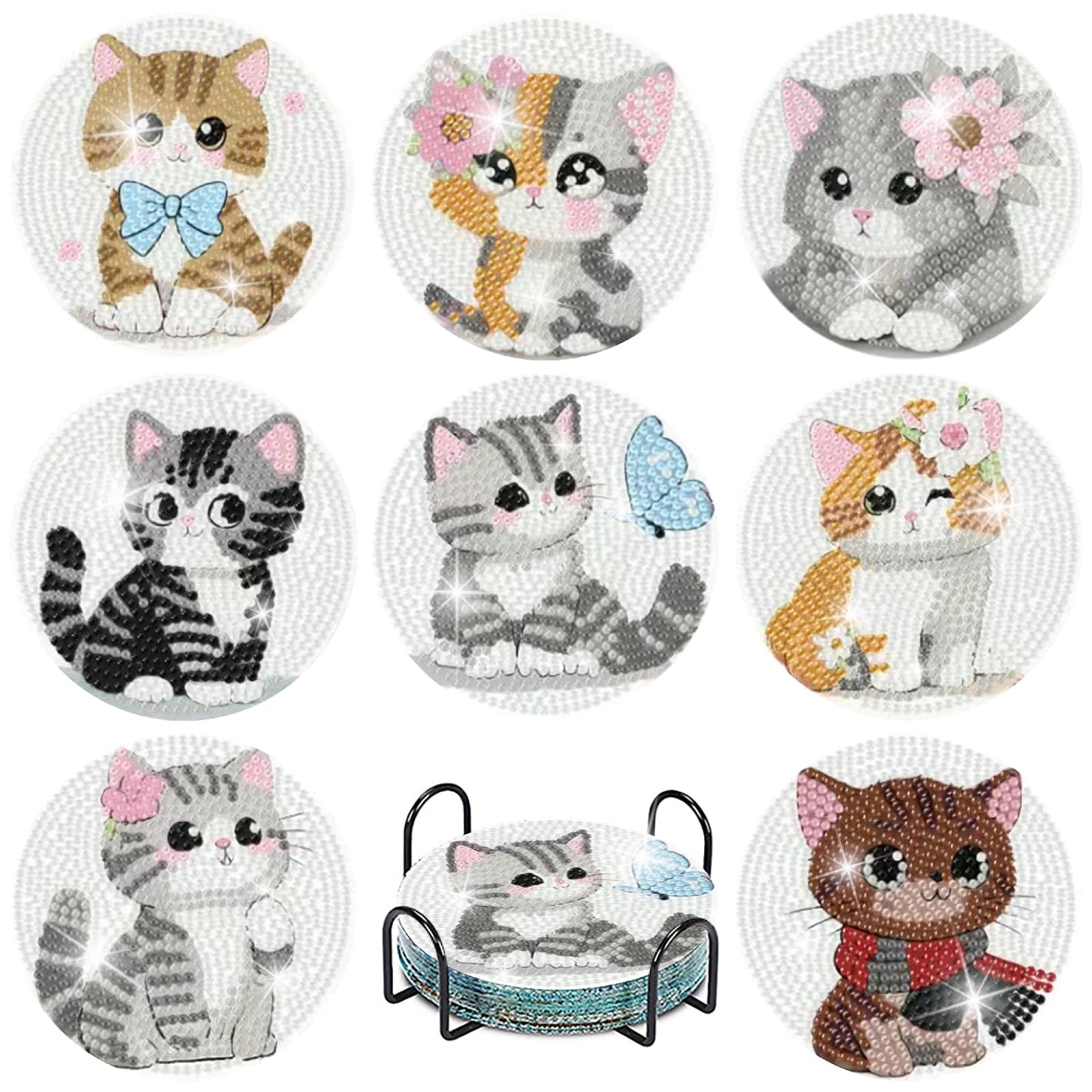 cupmod 8PCS Cute Cat Diamond Painting Coasters Kit with Holder,Cat Diamond Art Coaster,DIY Crafts Diamond Art Kits for Adults Home Decor