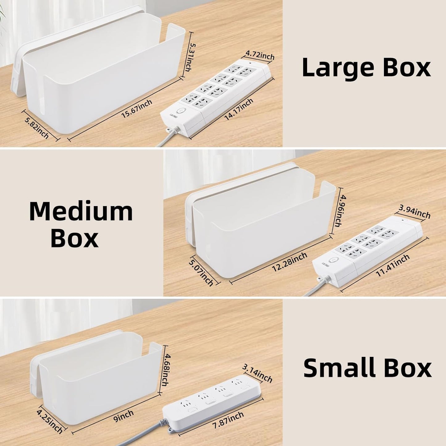 YaeCCC Cable Management Organizer Box Power Strips Hider Power Cords Hider for Desk, TV, Computer, USB Hub,Cords (Set of Three) White