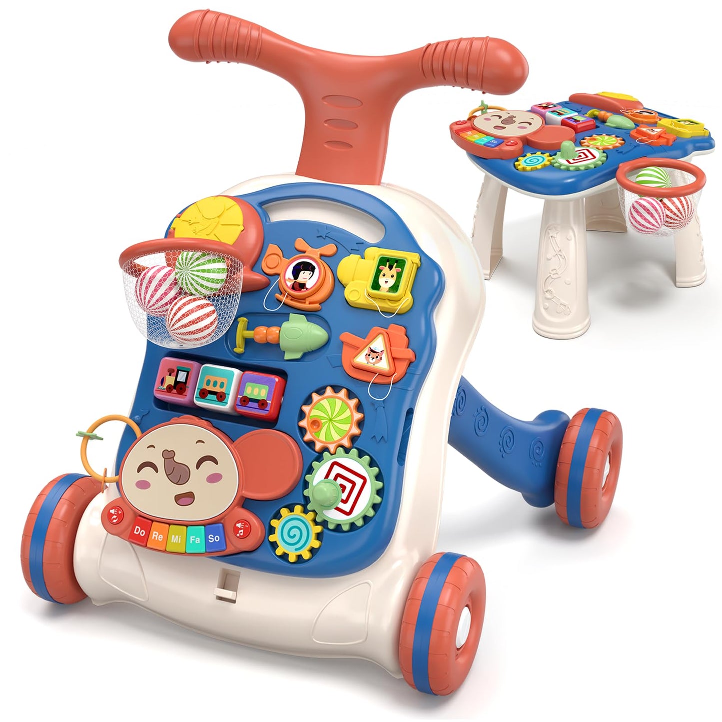 QDRAGON 3 in 1 Baby Walker and Activity Center for Boy, Learning to Walk, Sit to Stand, Early Educational Push Toys with Music Panel for Infant Toddler 12-18 Months Blue