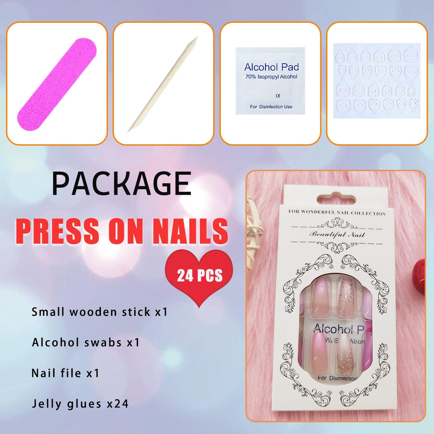 Coffin Press on Nails Medium - Purple & Pink Gradient Fake Nails Press on Nails Full Cover Glue on Nails Glitter Designs Artificial Acrylic Nails for Women 24 Pcs