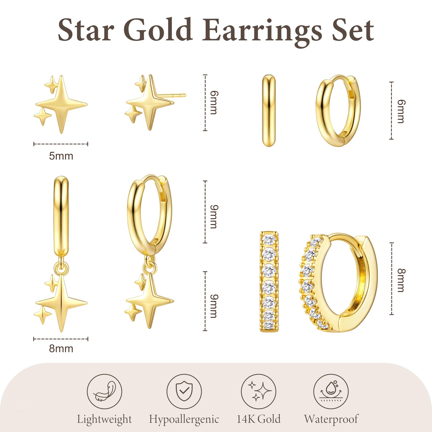 Gold Star Earrings for Women,Huggie Small Stack Cartilage Hoop Cross Stud Earring Sets for Multiple Double Piercing, Conch Helix Rook Tragus Daith Piercing Gold Clip On Jewelry Set Gifts