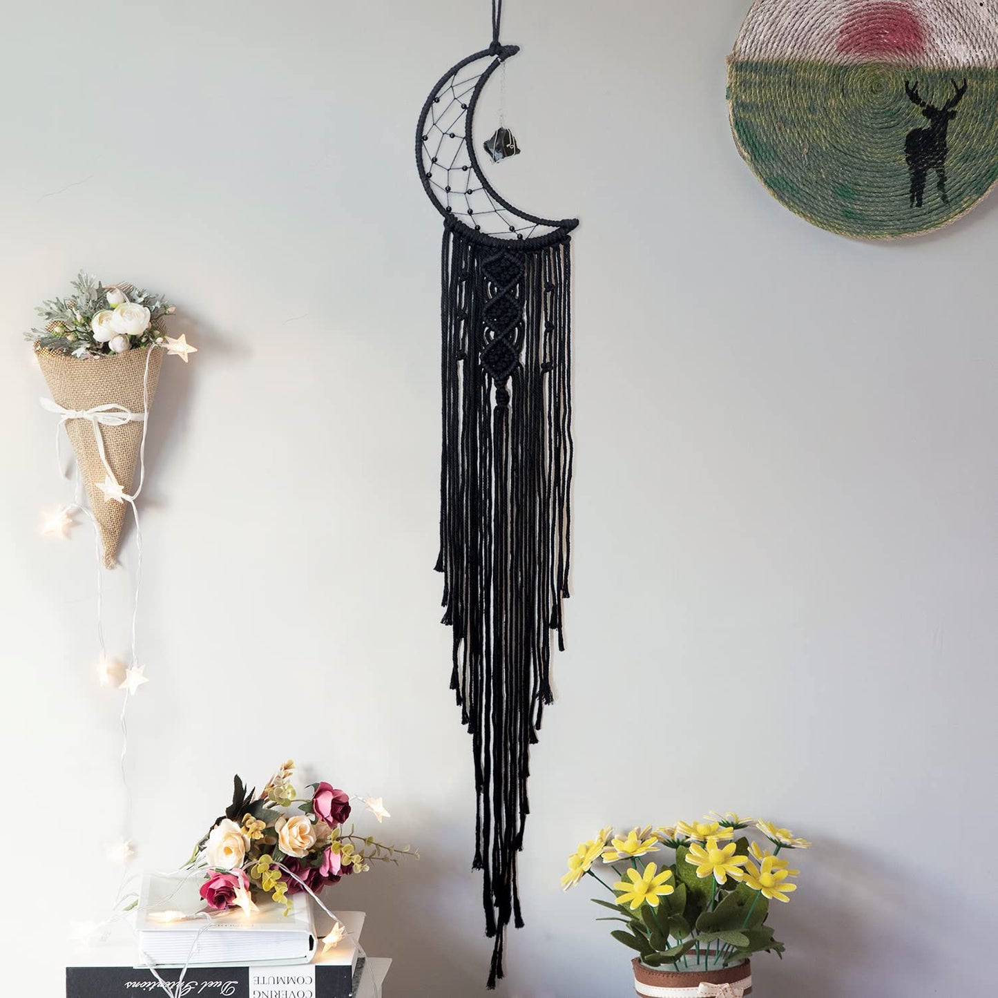 MOONFLY Black Moon Dream Catcher with Handmade Crystal Stone Design Woven Cotton Boho Macrame Wall Hanging Home Decoration Ornament Craft Gift(Black Crystal Stone Moon)