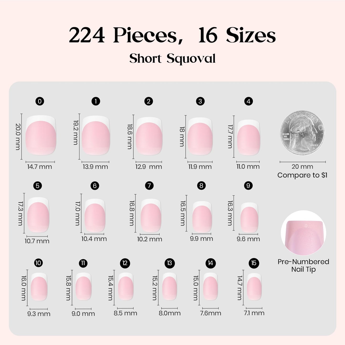 Beetles X Press Plus French Tip Nails - Camellia French | Pink Short Squoval Press On Nails | 16 Sizes 224 Pcs Natural Salon Quality Gel Nail Tips
