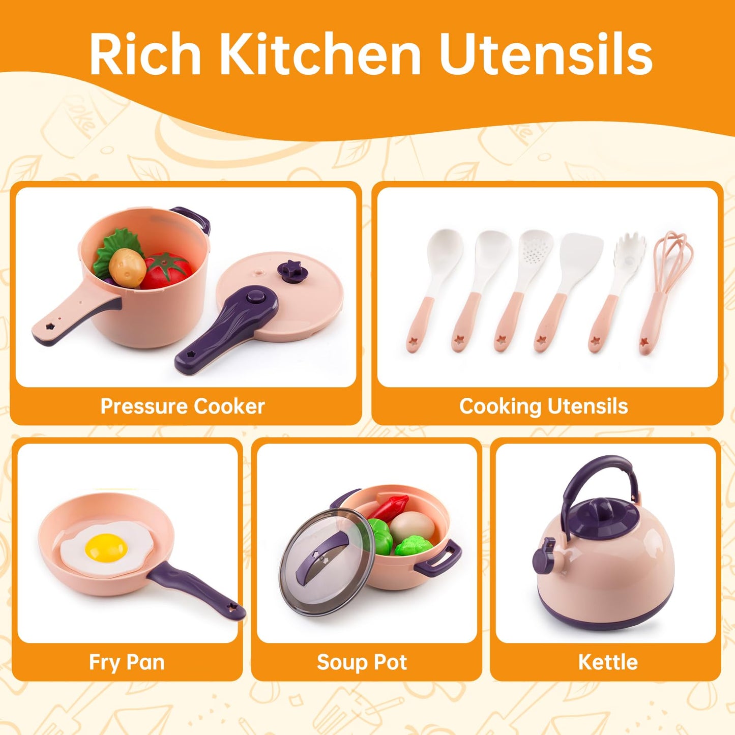 60Pcs Kids Mini Play Kitchen Accessories, Pretend Cooking Play Set with Cookware, Tableware & Fruit & BBQ Sets, Learning Gift for Boys, Girls, Toddlers,Pink