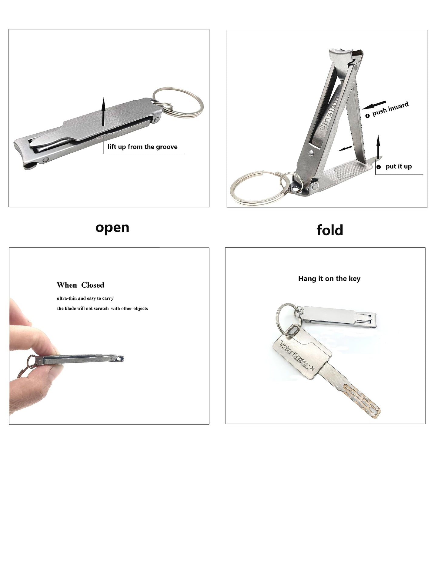 Ginalaia Stainless Steel Portable Nail Cutter，German Keychain Nail Clipper with File for Man and Women, Ultra Thin Flat Nail Clipper Perfect Use for Traveling、 Home 、 Office (Small, 2)