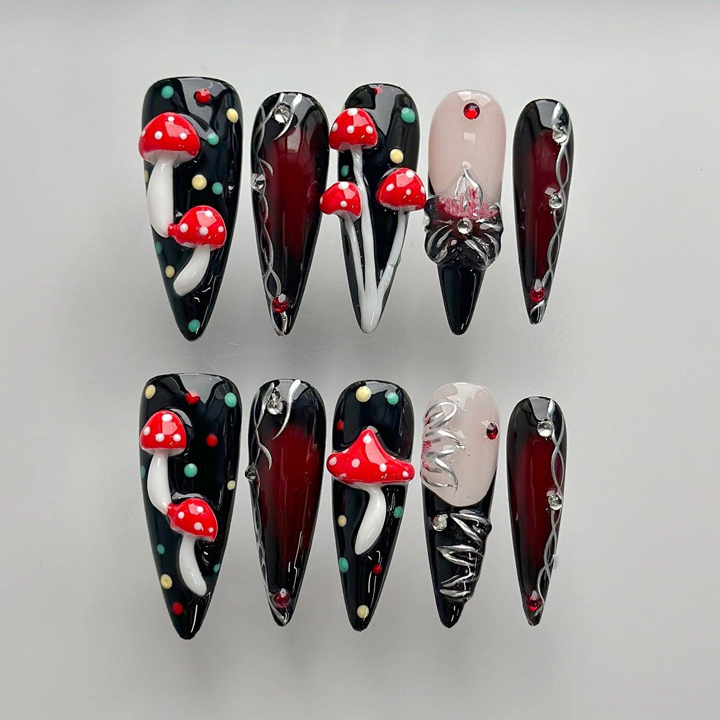 Luxury Press on Nails Long Stiletto Handmade 3D Unique Reusable ABS Material Fake Nails Black False Nails with Designs Mushroom Polka Dots Rhinestones Glossy Glue on Nail Thick Acrylic Nail(S)