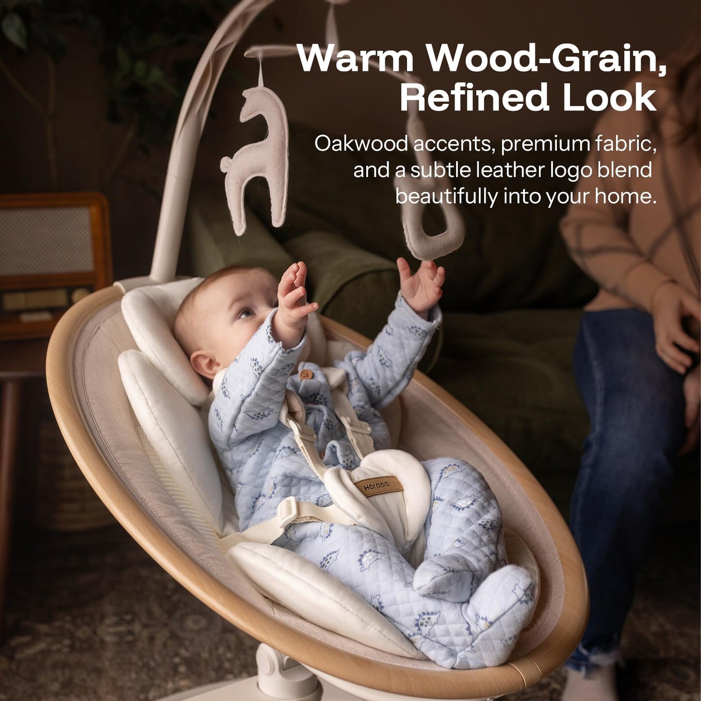 HARPPA Weddell Signature Baby Electric Swing for Newborns and Infants, Elevated Eye-Level Seat, 180° Rotation with Dual Motion, 5-Point Harness, 5 Speeds & Remote Control, Beige
