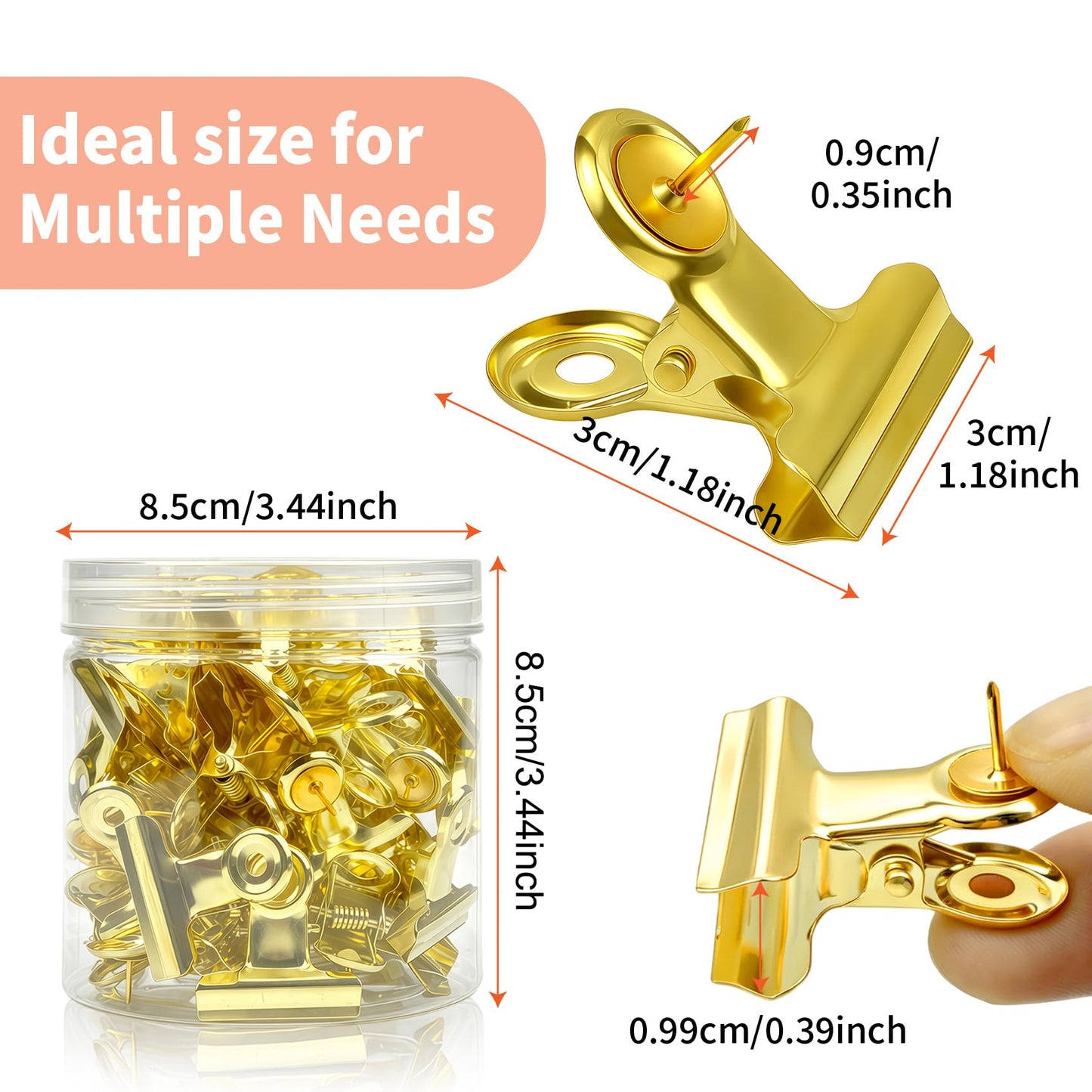 VYNFLICK Gold Push Pin Clips - 40 Pack Thumb Tacks with Metal Clips for Cork Board Bulletin Board, No Hole Paper Clips for Photos Notes Documents, Decorative Office School Supplies