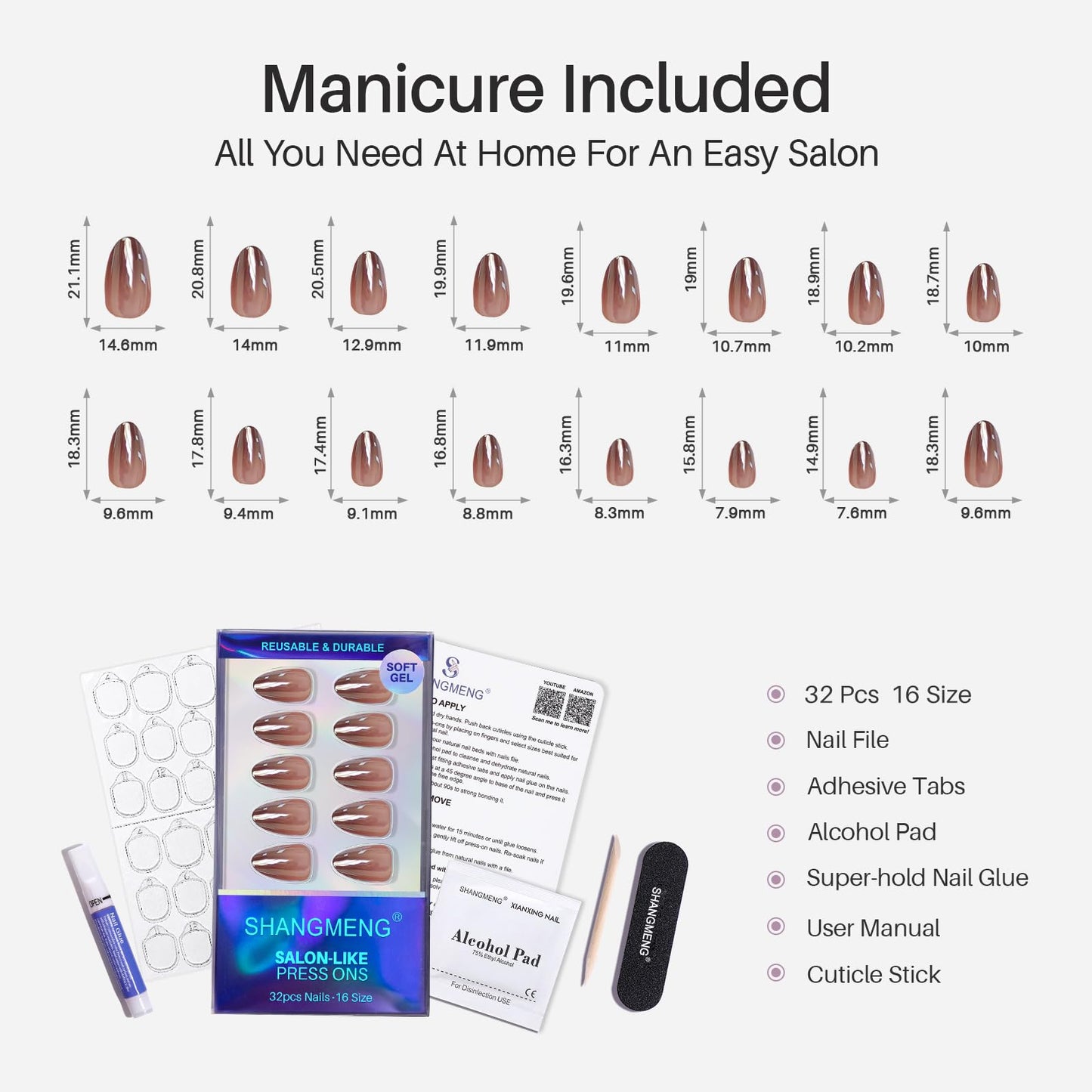 Brown Ombre Press on Nails Short - SHANGMENG Chrome Press on Nails Almond for Women Gift, Natural & Glossy Stick on Nails in 16 Sizes - 32 Reusable Soft Gel Fake Nails with Glue, Iced Americano