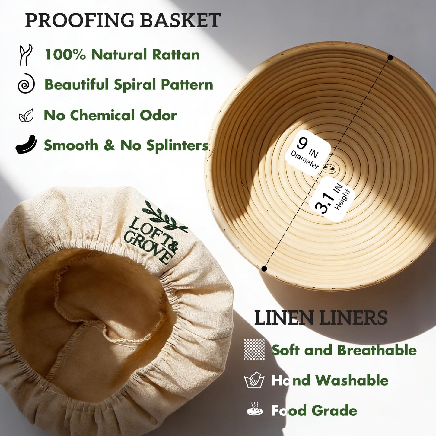 Loft & Grove Sourdough Starter Kit – Complete Bread Baking Kit with 9” Banneton Proofing Basket, 34oz Starter Jar with Feeding Tracker, Dough Whisk, Bread Lame – Beginner Sourdough Baking Supplies